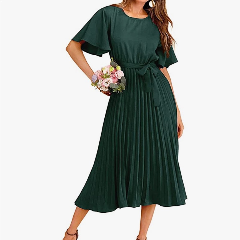 Milumia Belted Pleated Flounce Sleeve Dress NWT L